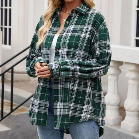 FOREVER 21 Green White Black Plaid Cotton Blend Flannel Button Down Shirt Small - Picture 1 of 8